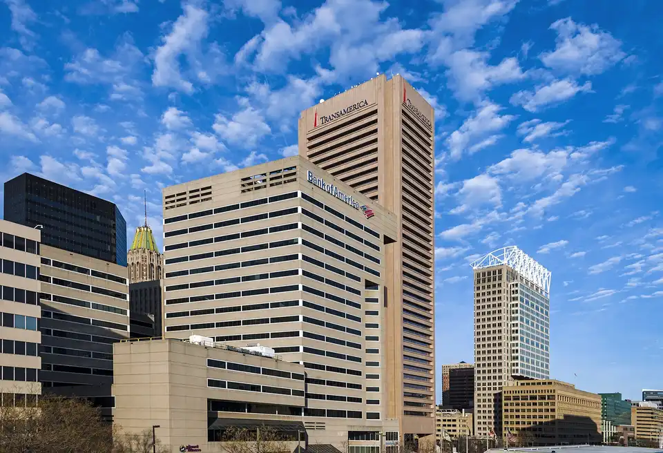 Skyscrapers on East Pratt Street in Baltimore's Inner Harbor, including the Tran