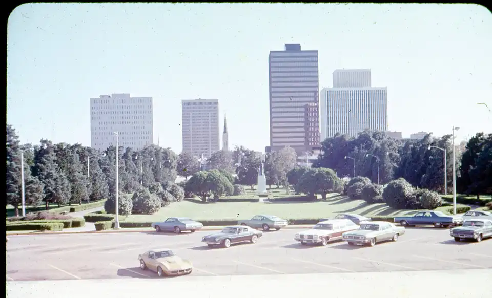Downtown Baton Rouge, Louisiana from the Louisiana State Capitol steps, 1974
