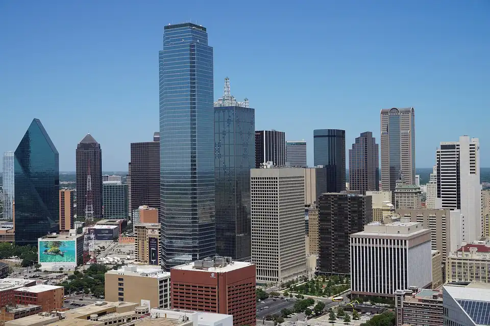 A view of the Dallas skyline from the GeO-Deck of Reunion Tower in Dallas, Texas