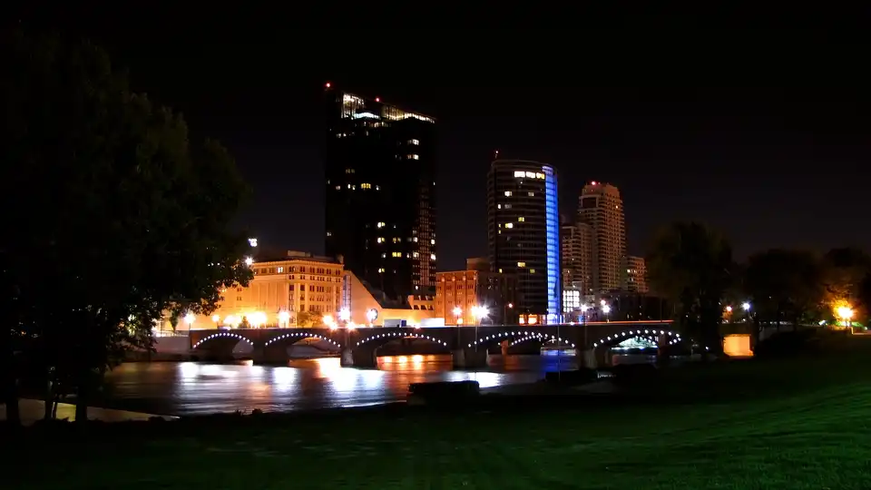 The skyline taken from the Gerald R. Ford Museum grounds on a nice fall evening.