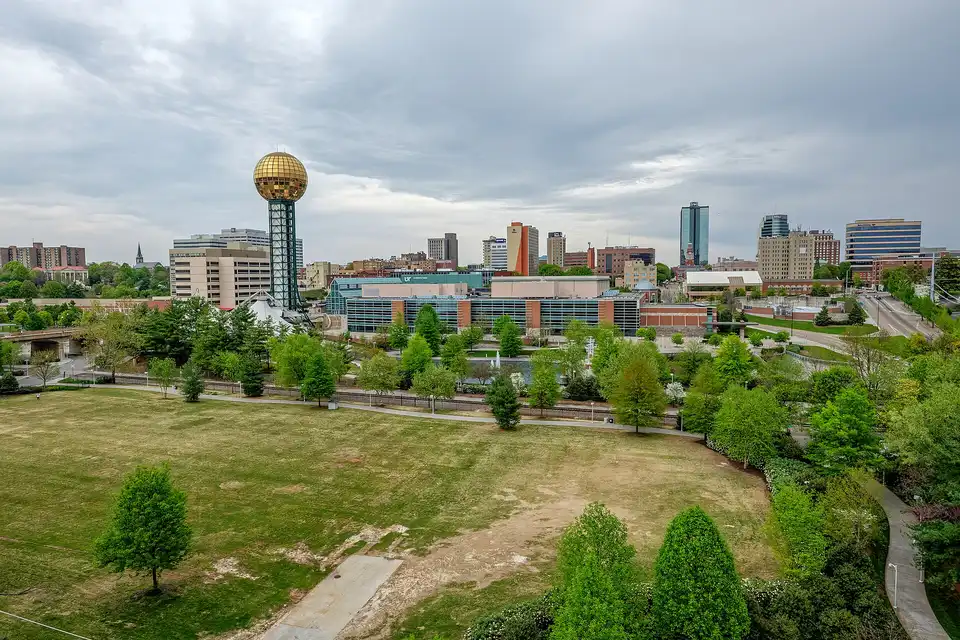 A view of downtown with the Sunsphere under cloudy skies, Knoxville, Tennessee, 
