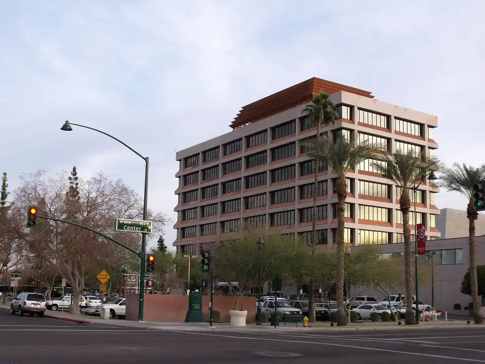 Photograph of downtown Mesa, Arizona, showing Mesa City Plaza (the city hall and