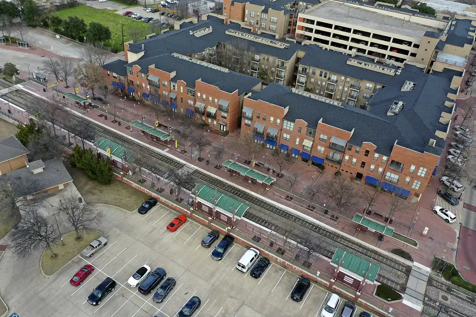 Downtown Plano station in Plano, Texas, on the DART Light Rail Red Line in Febru