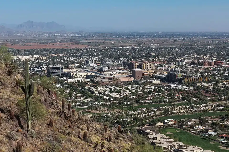 Aerial view of downtown Scottsdale, Arizona (pop. 241,361), viewed from Camelbac