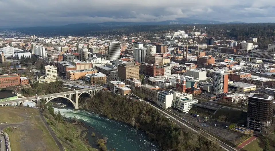 Aerial view of downtown Spokane, the largest city in eastern Washington and Wash