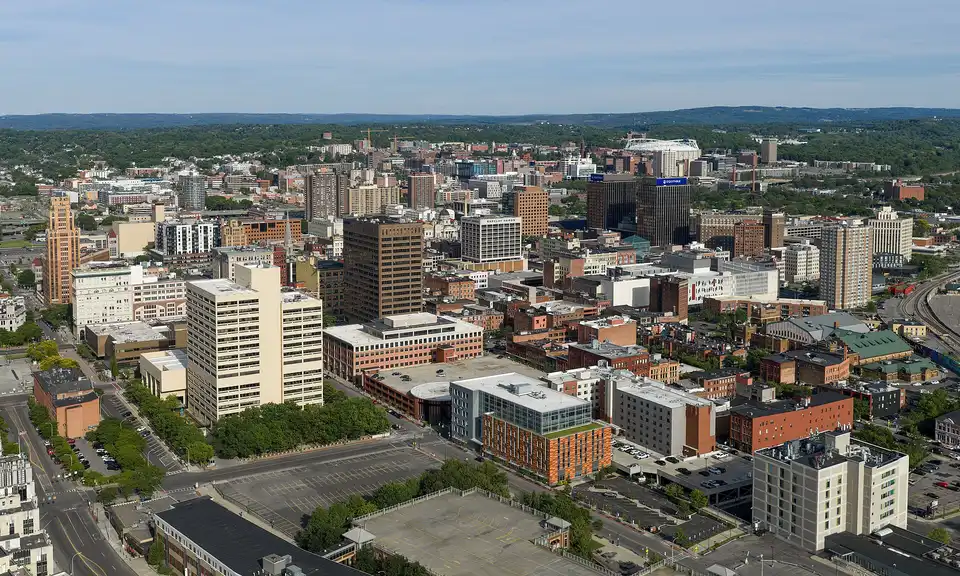 Skyline of downtown Syracuse, New York. With a metro-population of 662,057, it's