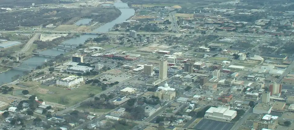 Aerial view of Downtown Waco, Texas, looking east.
