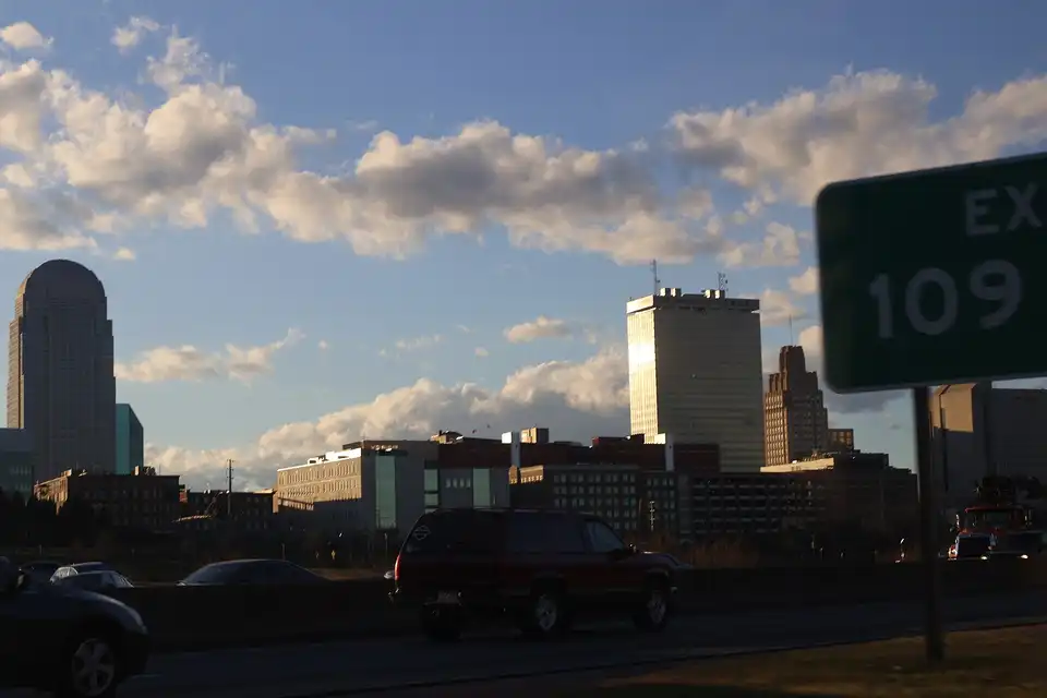 Winston-Salem Skyline seen from US 421 in Forsyth County, North Carolina.